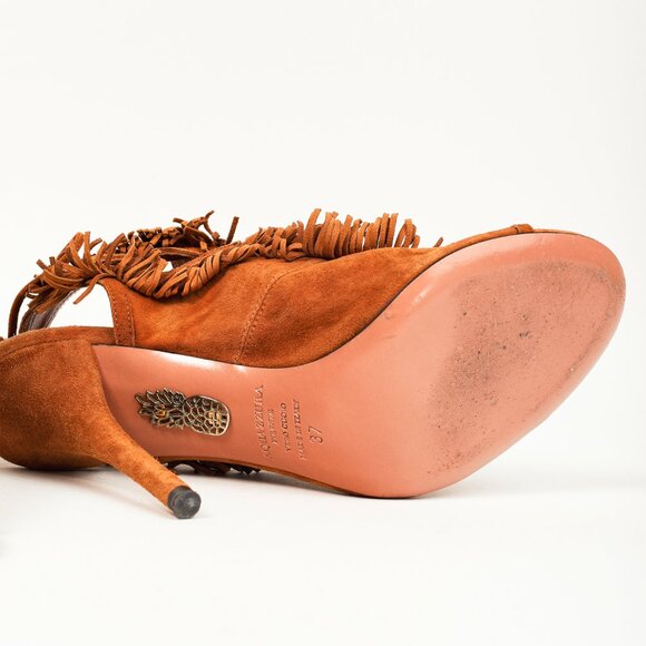 Aquazurra Brown Suede Sexy Fringe Heeled Sandals - Picture 5 of 9